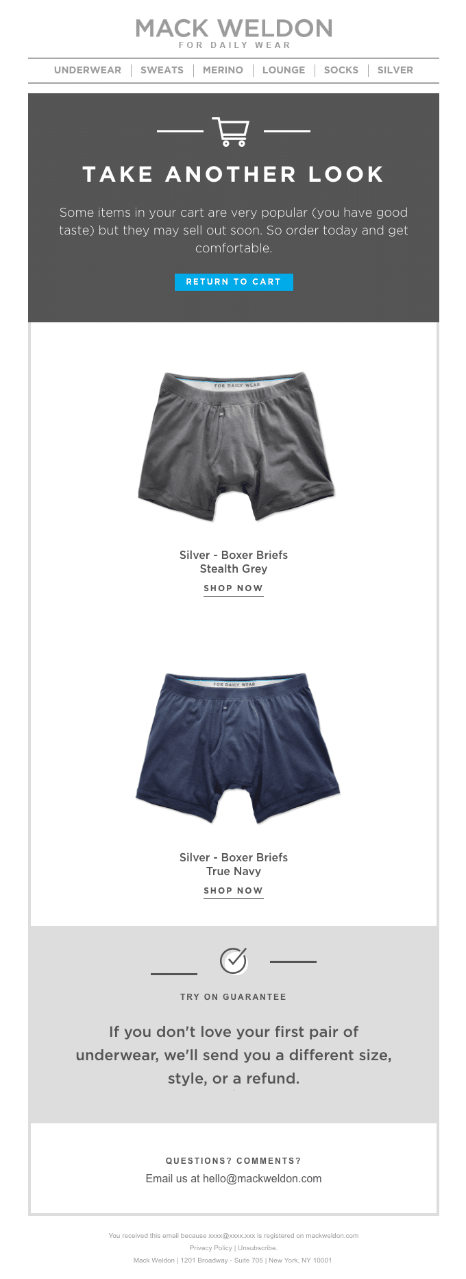 Mack Weldon 和他們的購物車放棄電子郵件