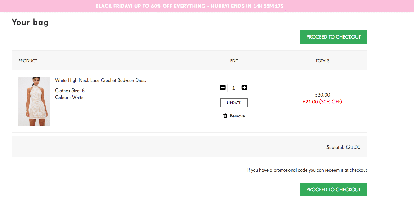 Pretty Little Thing with et leur réaffirmation de remise sur la page de leur panier