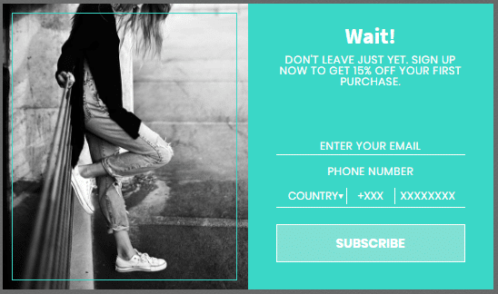 Exemple de fenêtre contextuelle d'intention de sortie pour capturer l'e-mail et le numéro de téléphone des visiteurs
