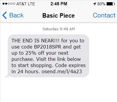 Le graphique montre un exemple de promotion urgente envoyée par SMS