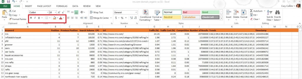 굵게 및 색상 맨 위 행 Excel