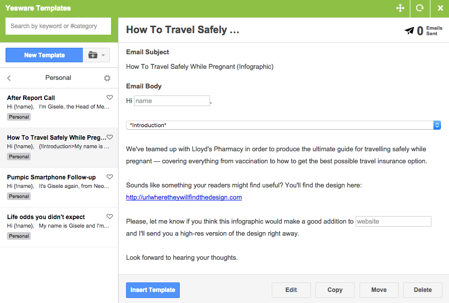 Capture d'écran des modèles Yesware