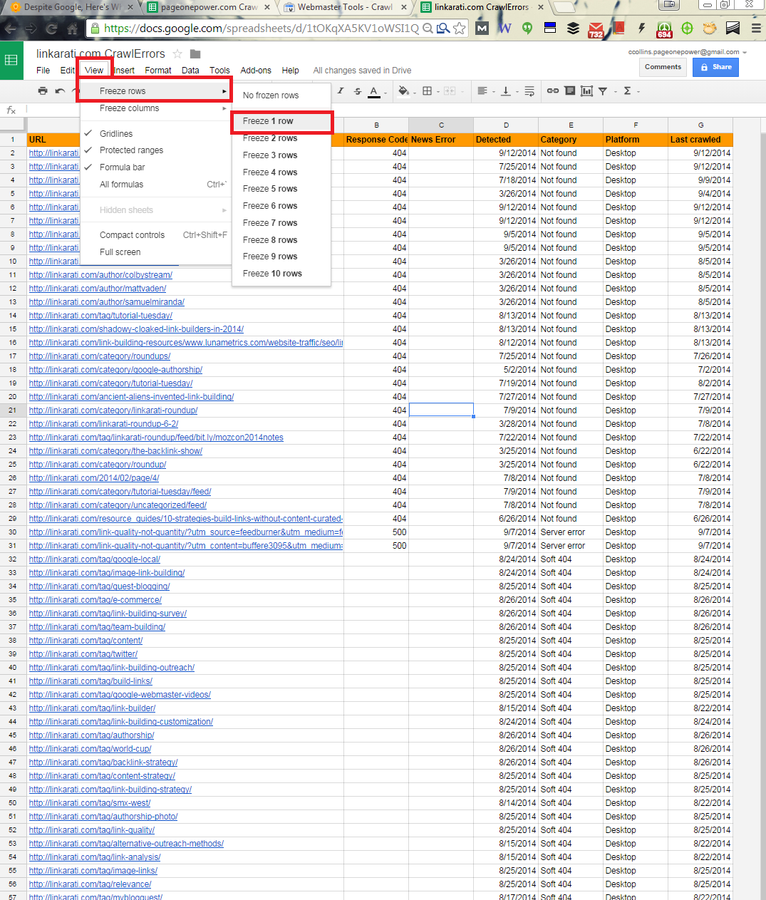 Google Dokümanlar üst satırı donduruyor