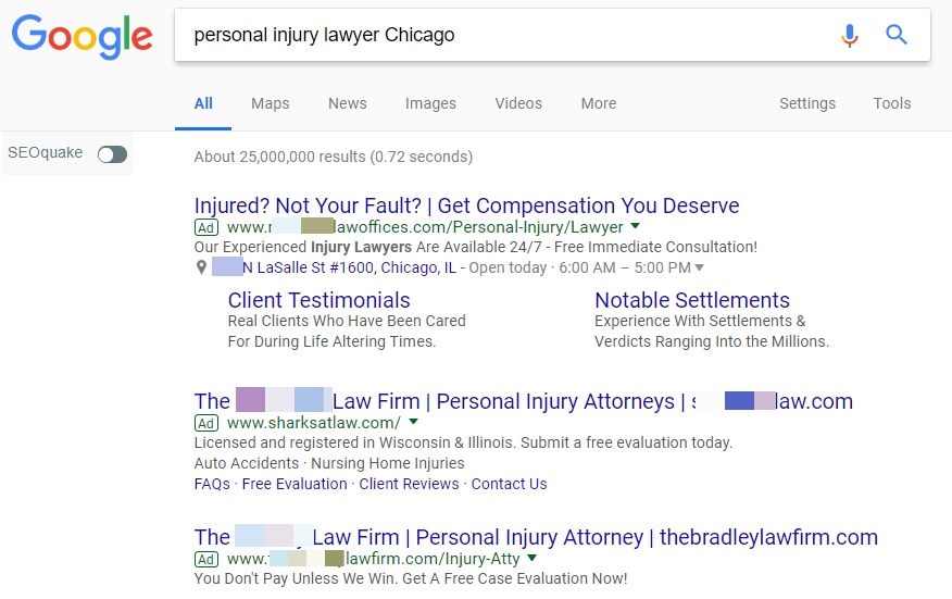 Google PPC kişisel yaralanma avukatı Chicago