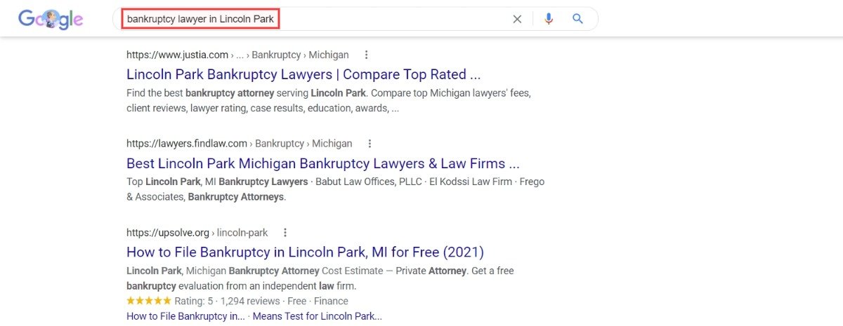prawnik ds. upadłości w wynikach wyszukiwania google w Lincoln Park
