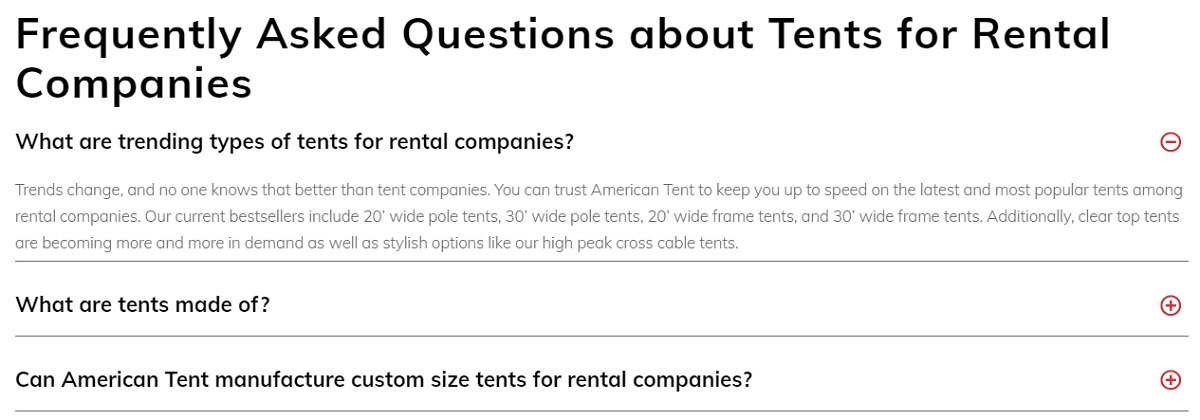 FAQ-Abschnitt zu einem Zelt-E-Commerce-Shop