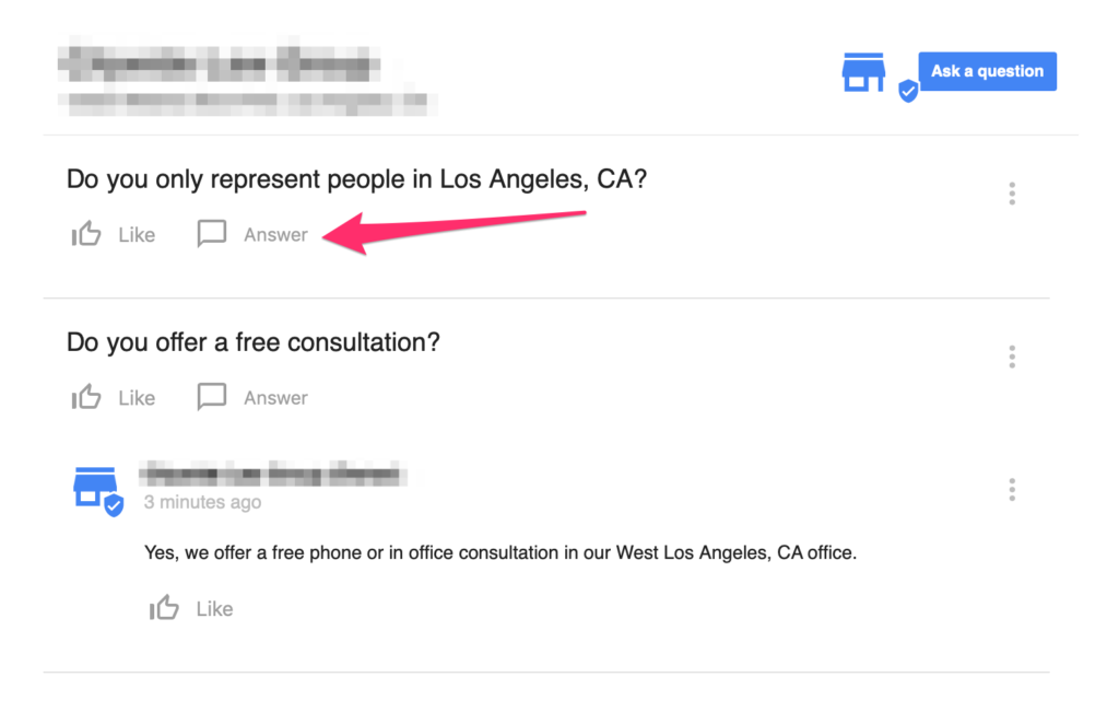 Google My Business Răspuns la întrebare