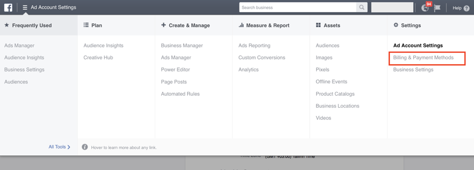 Einstellungen für das Facebook-Werbekonto