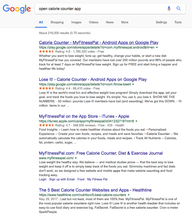 이 검색어는 칼로리 카운터 앱을 여는 데 도움이 되거나 설치할 수 있는 몇 가지 다른 앱을 제공합니다.