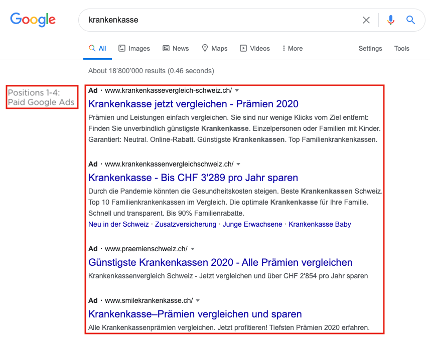 Позиции 1–4 в поиске Google по страхованию здоровья: Google Реклама