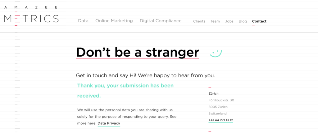Mensaje de agradecimiento que se muestra en el sitio web