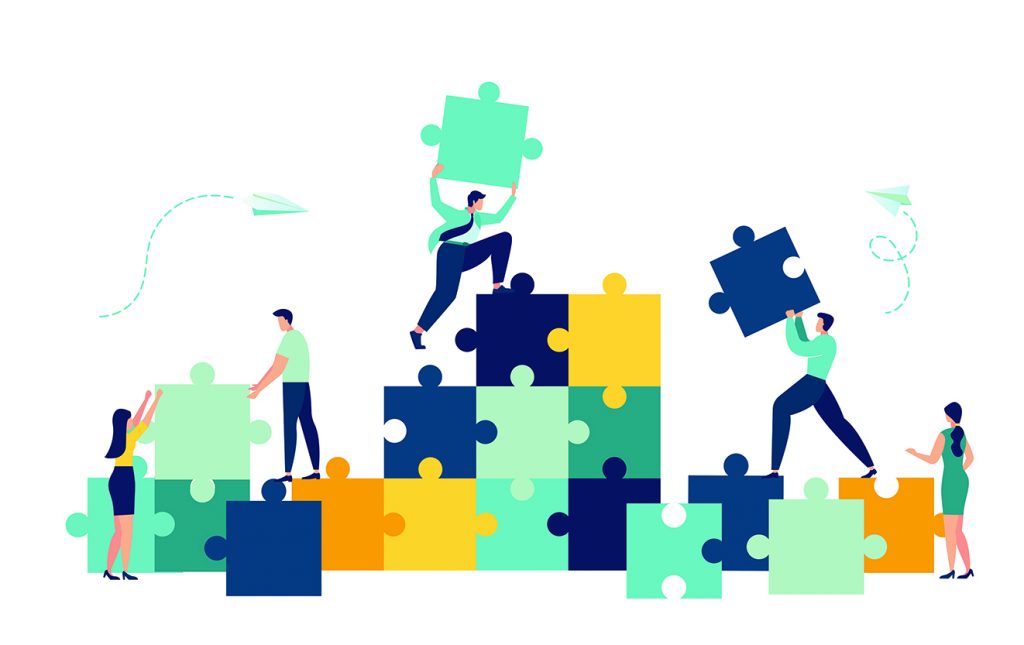 رسم توضيحي لفريق التجارة الإلكترونية الذي يعمل معًا