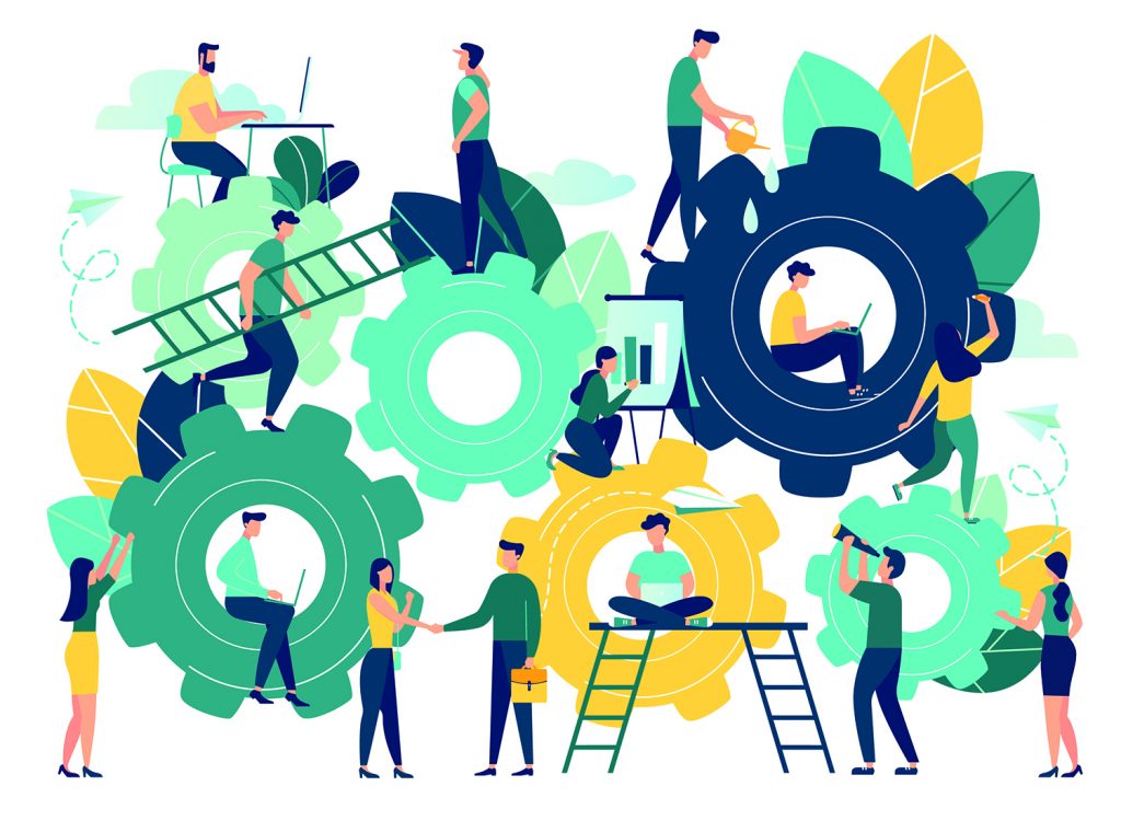 رسم توضيحي لأعضاء الفريق من فريق التكنولوجيا الذين يعملون معًا. بناء فريق التجارة الإلكترونية من الصفر