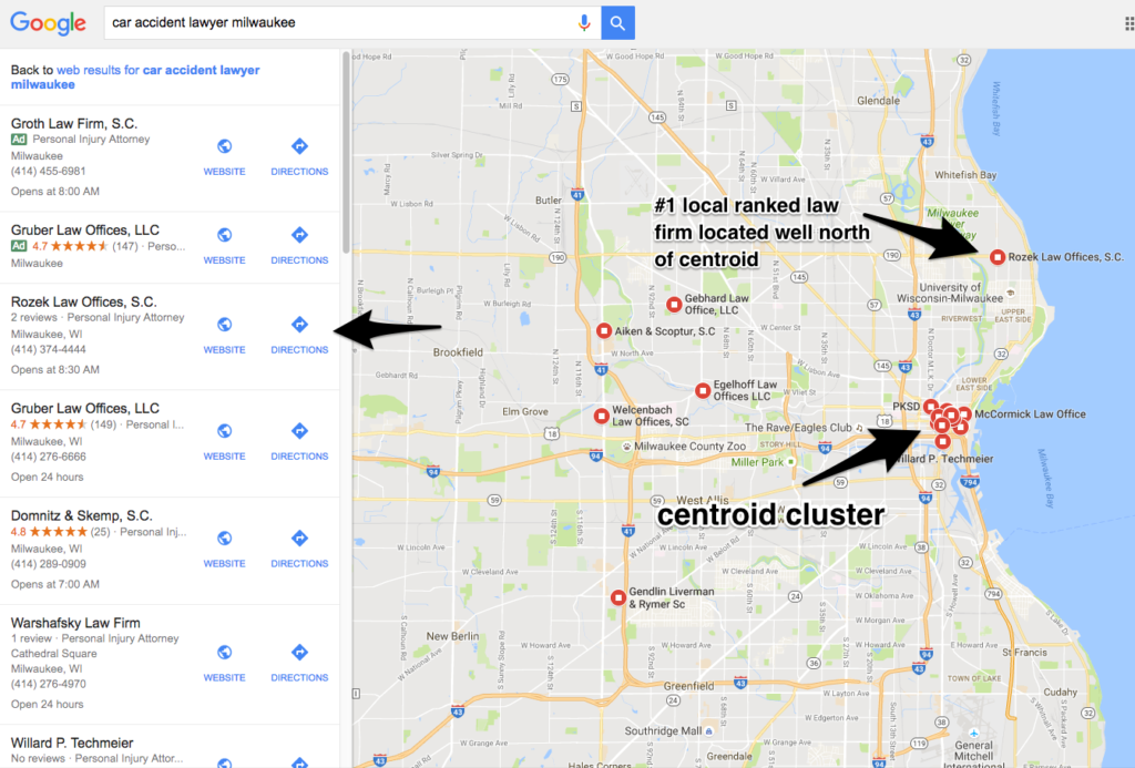 ธุรกิจอยู่ในอันดับที่ 1 ใน Google Maps ซึ่งอยู่ทางเหนือของ centroid