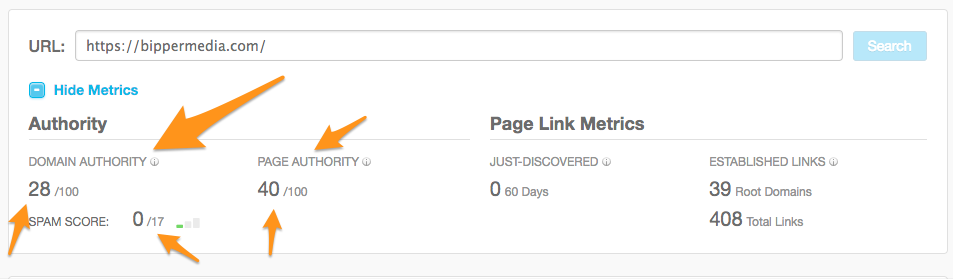 Résultats de l'autorité de domaine Moz