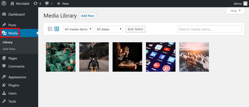 page d'administration wordpress 6