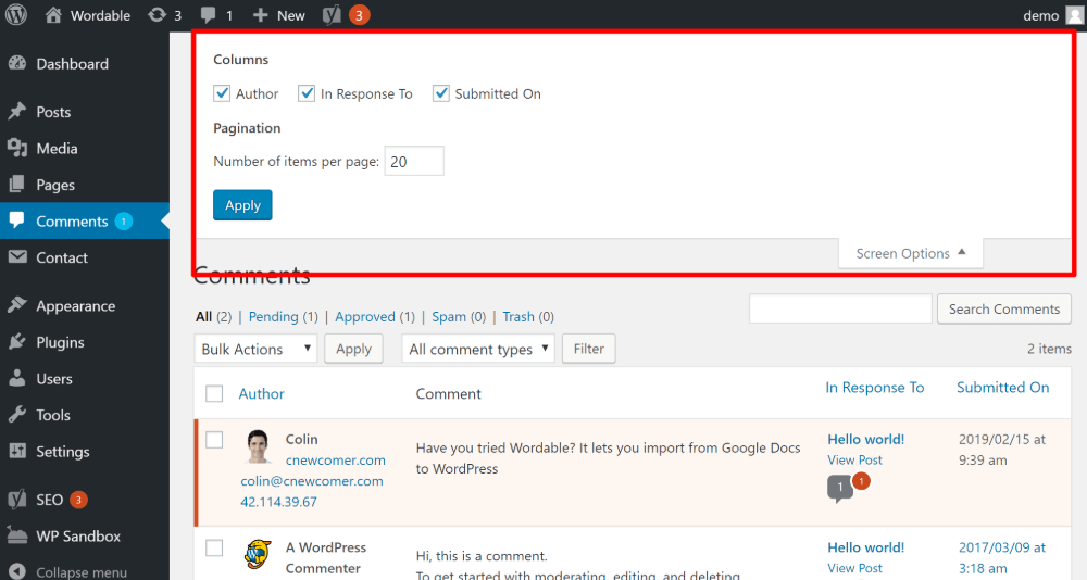 page d'administration wordpress 18