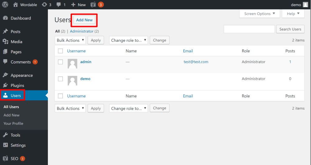page d'administration wordpress 12