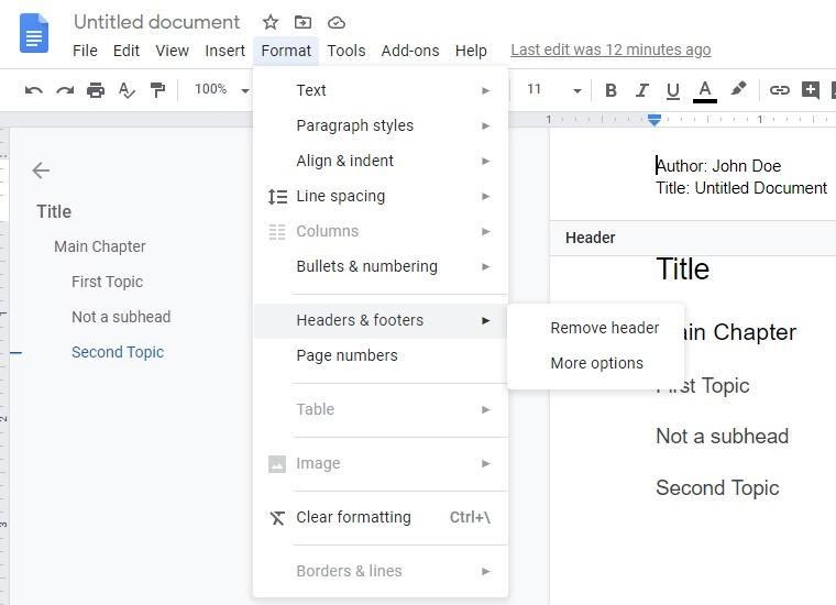 formattazione dell'intestazione
