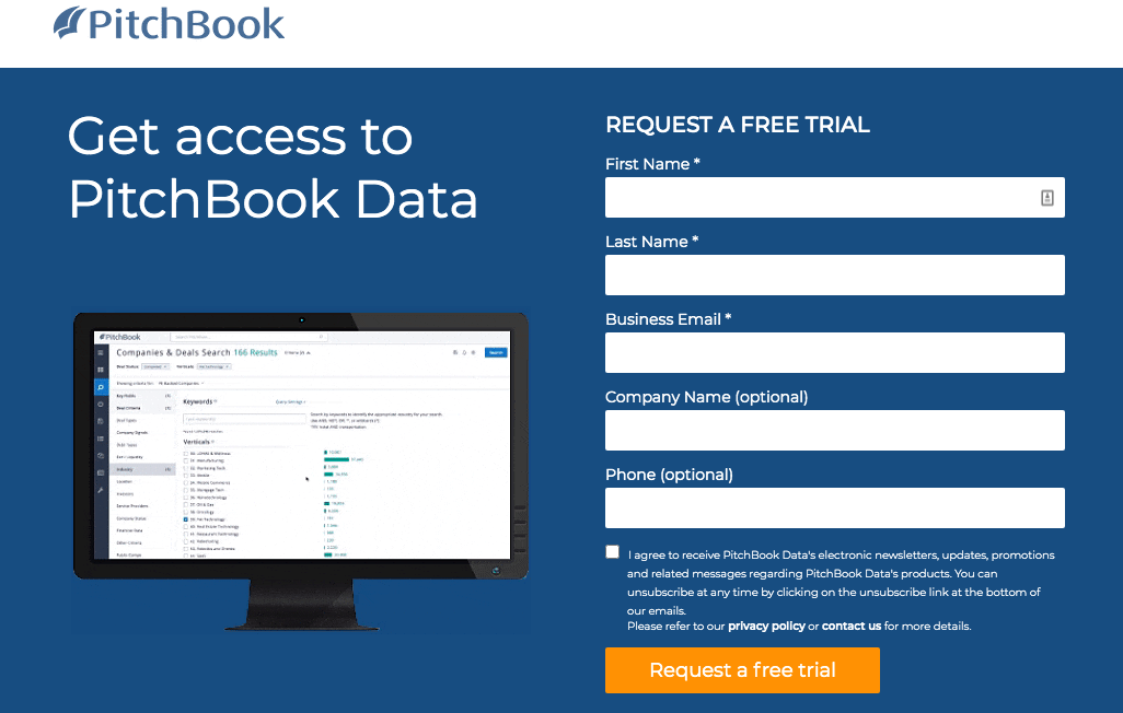 ピッチブックのホームページのスクリーンショット