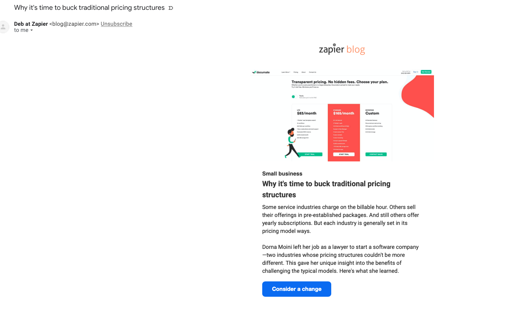 Diferencia entre redacción y marketing de contenido con el correo electrónico de contenido extenso de Zapier