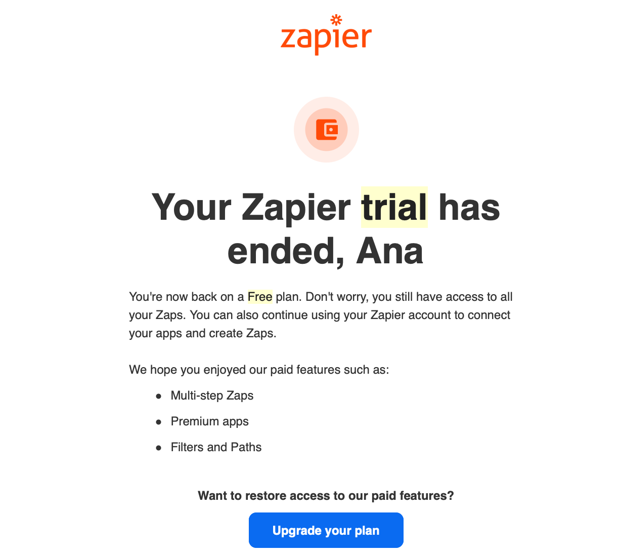 Diferencia entre redacción publicitaria y marketing de contenidos con la copia breve por correo electrónico de Zapier