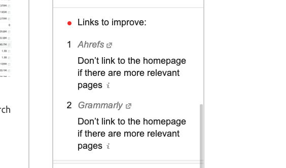 SEOライティングアシスタントのブログツールは、リンクを改善するための提案を提供します。