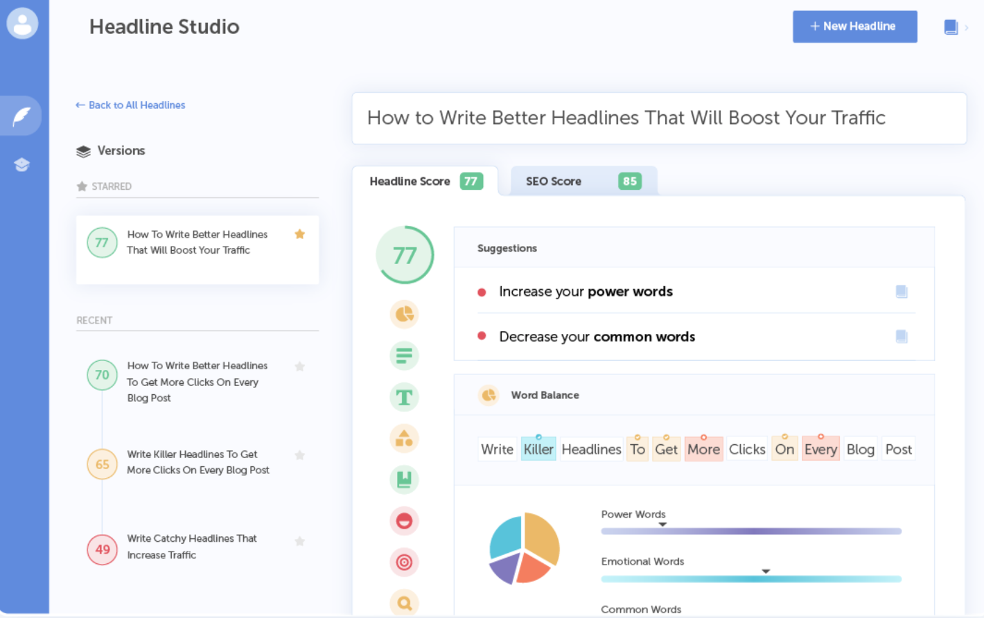 CoScheduleのヘッドラインスタジオは、コンテンツのヘッドラインを改善するための提案を提供します。