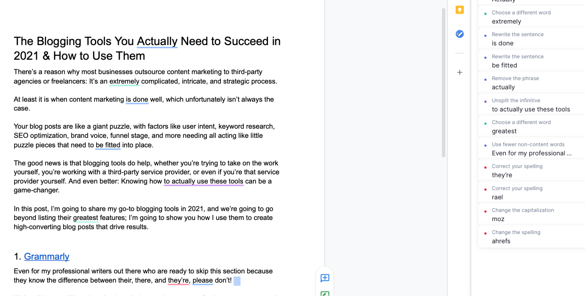 Grammarlyのダッシュボードは、ライティングを改善するための提案を提供します。