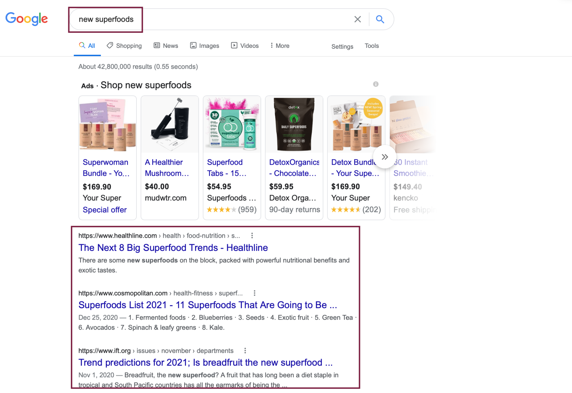يعرض بحث Google البحث عن الأطعمة الخارقة لتوفير البحث عن أفكار منشورات المدونة
