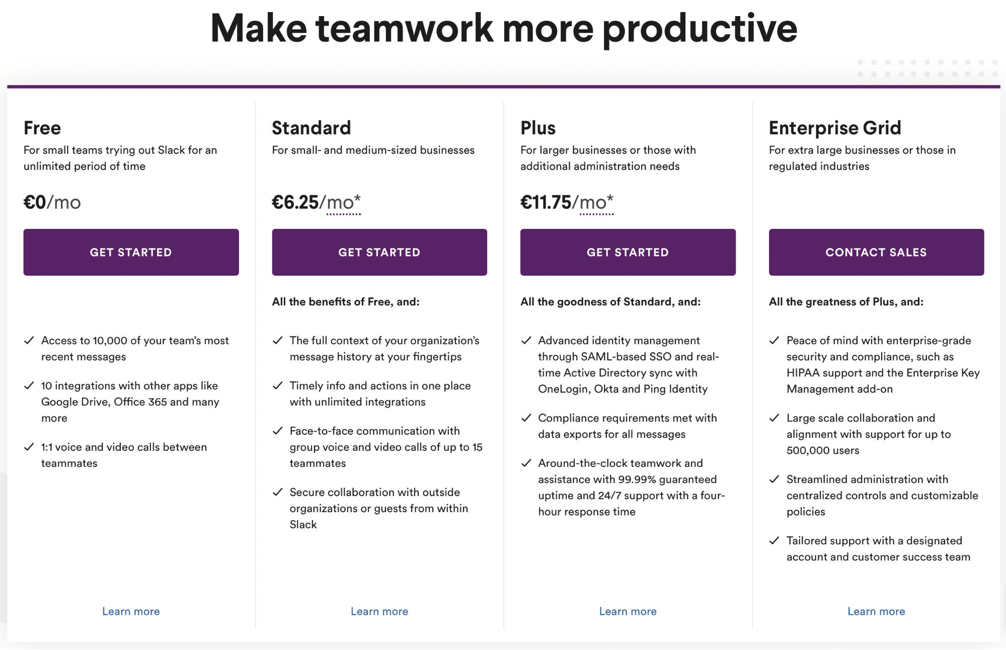 Zrzut ekranu cen i planów Slacka