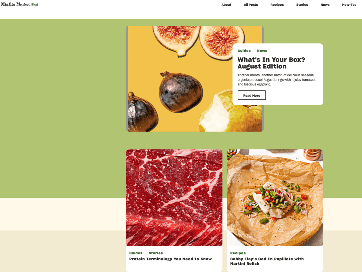 Exemple de marketing de contenu B2C de Misfits Market montrant trois articles de blog