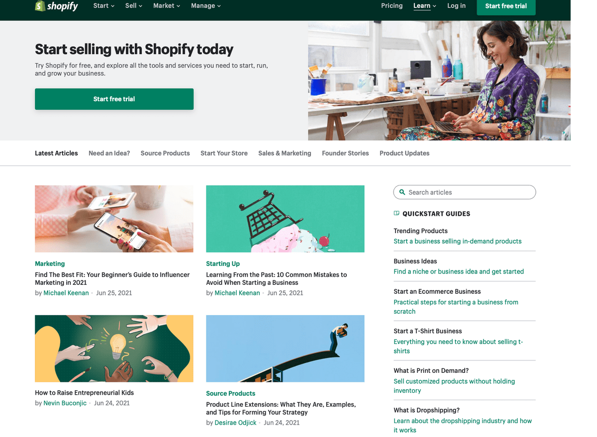 exemple de blog d'entreprise du site de Shopify