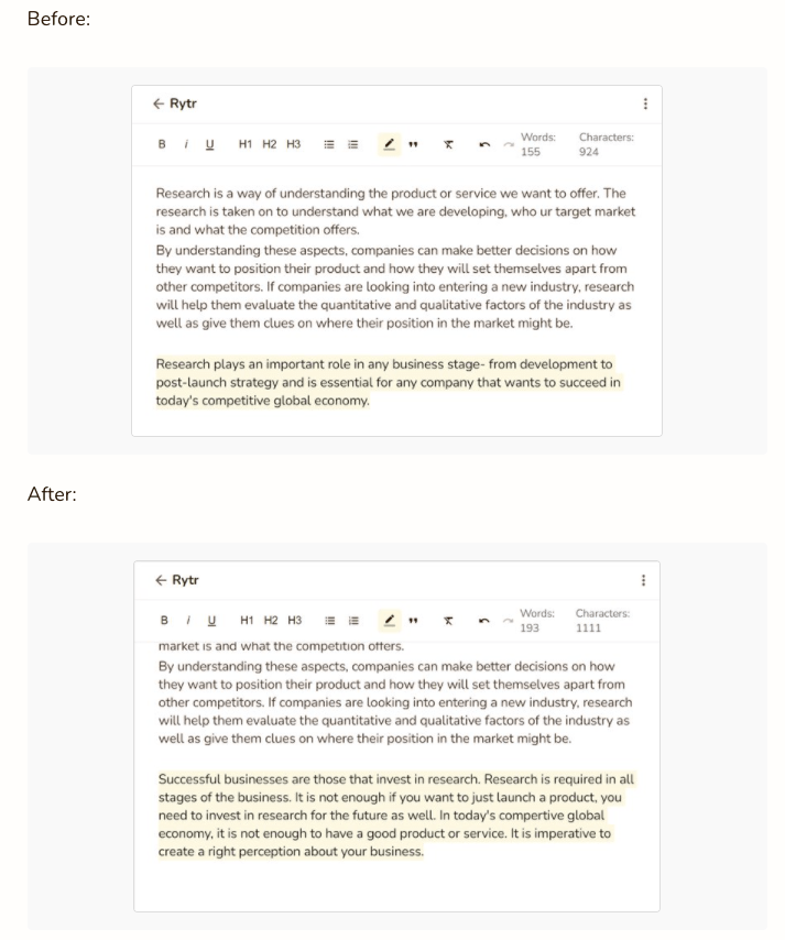 Interface utilisateur Rytr