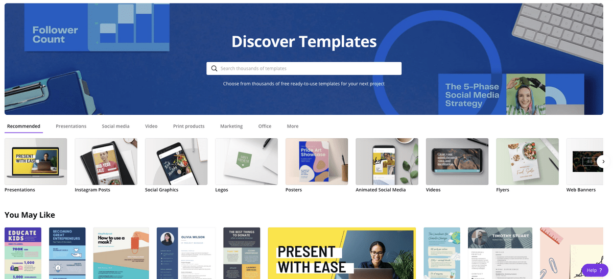 Page d'accueil de Canva