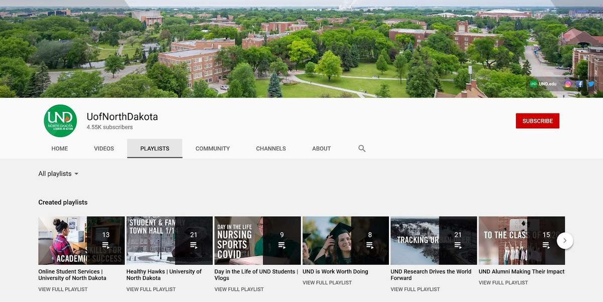 Screenshot des YouTube-Kanals der University of North Dakota