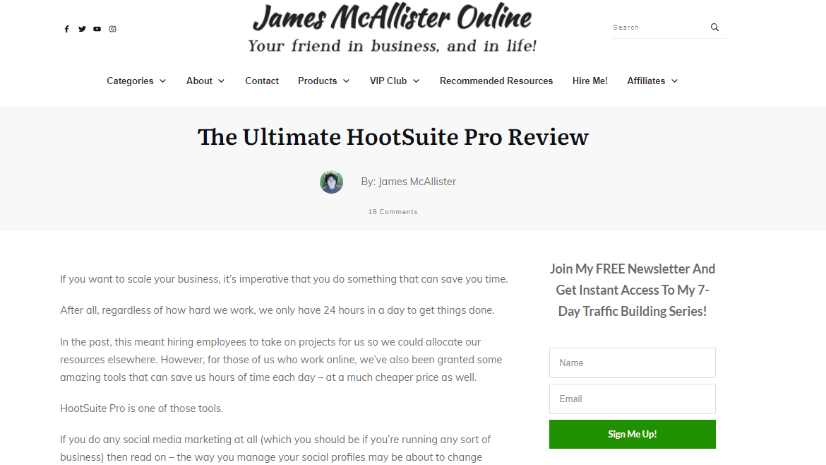 Zrzut ekranu strony internetowej Jamesa McAllistera