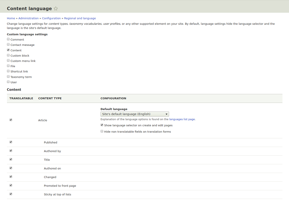 Inhaltsübersetzungsmodul - Auswahl des Inhalts