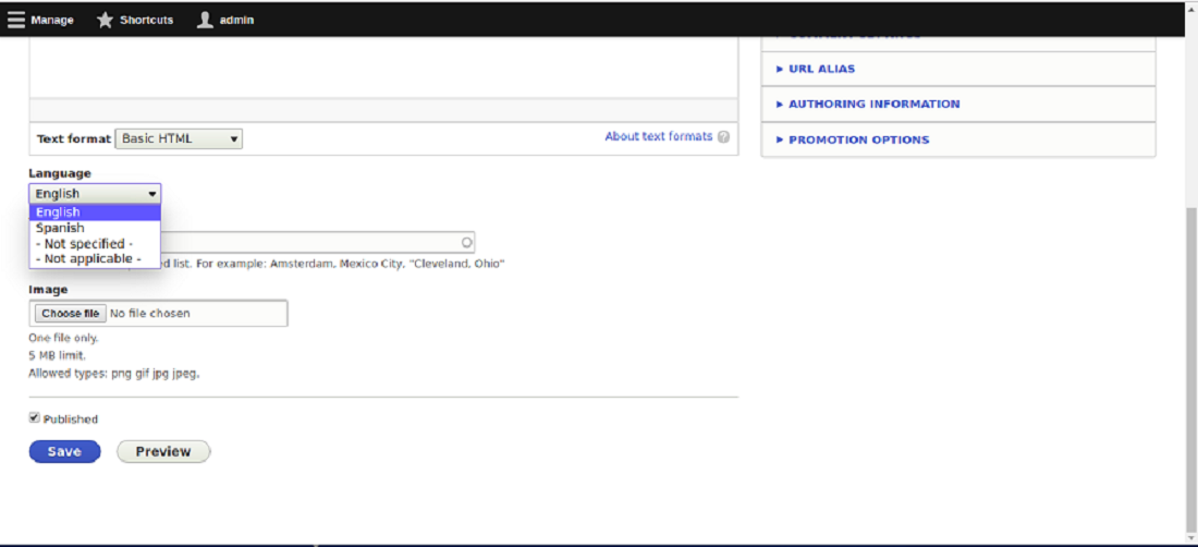 Inhaltsübersetzungsmodul - Wählen Sie die Sprache