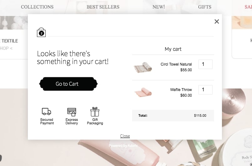 Pop-up di abbandono del carrello di Adoric