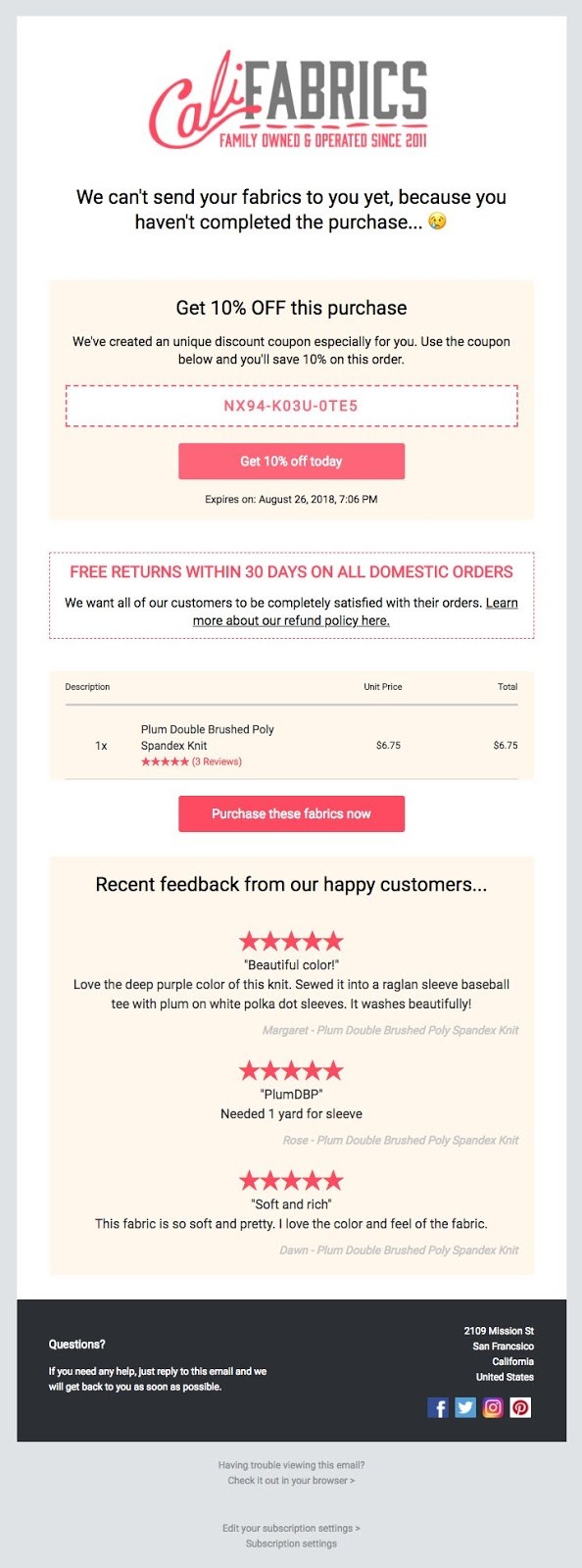 Exemplu de e-mail Cali Fabrics