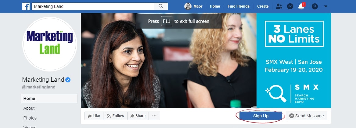 หน้า Facebook โดย Marketing Land พร้อมสมัคร CTA