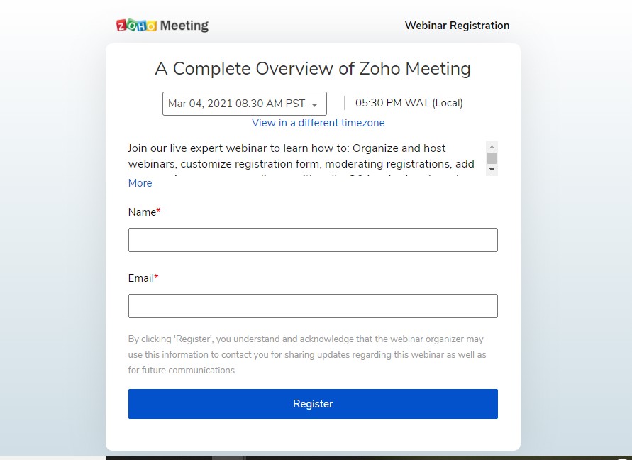 pagina de destinație pentru webinar