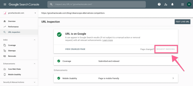 Tangkapan layar Google Search Console yang menunjukkan cara meminta pengindeksan.