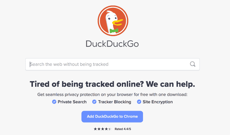 Motores de búsqueda alternativos a Google: una captura de pantalla de la página de inicio del motor de búsqueda DuckDuckGo.