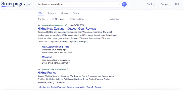 Motores de búsqueda alternativos a Google: resultados de búsqueda de "mejores lugares para ir de excursión" en Startpage.com
