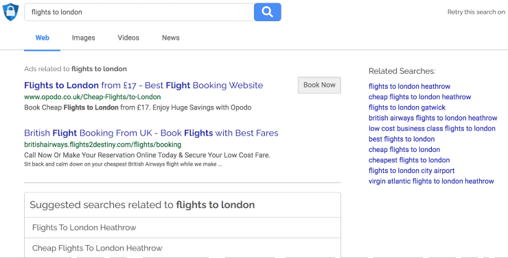 motores de búsqueda alternativos a google - resultados de búsqueda de "vuelos a londres" en el motor de búsqueda Search Encrypt