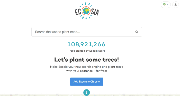 Motores de búsqueda alternativos a Google: captura de pantalla de la página de inicio del motor de búsqueda Ecosia