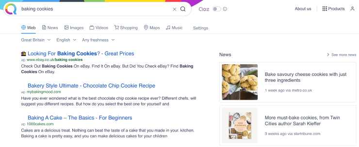 Motores de búsqueda alternativos a Google: resultados de búsqueda de "hornear cookies" en el motor de búsqueda Qwant.