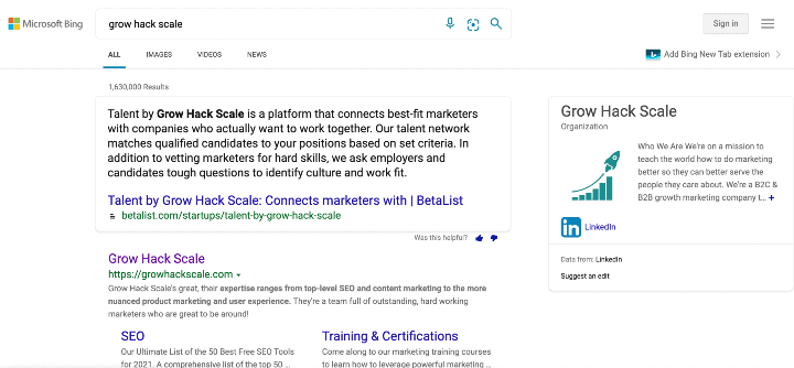 Motores de búsqueda alternativos a Google: captura de pantalla de los resultados de búsqueda de Bing para aumentar la escala de pirateo.